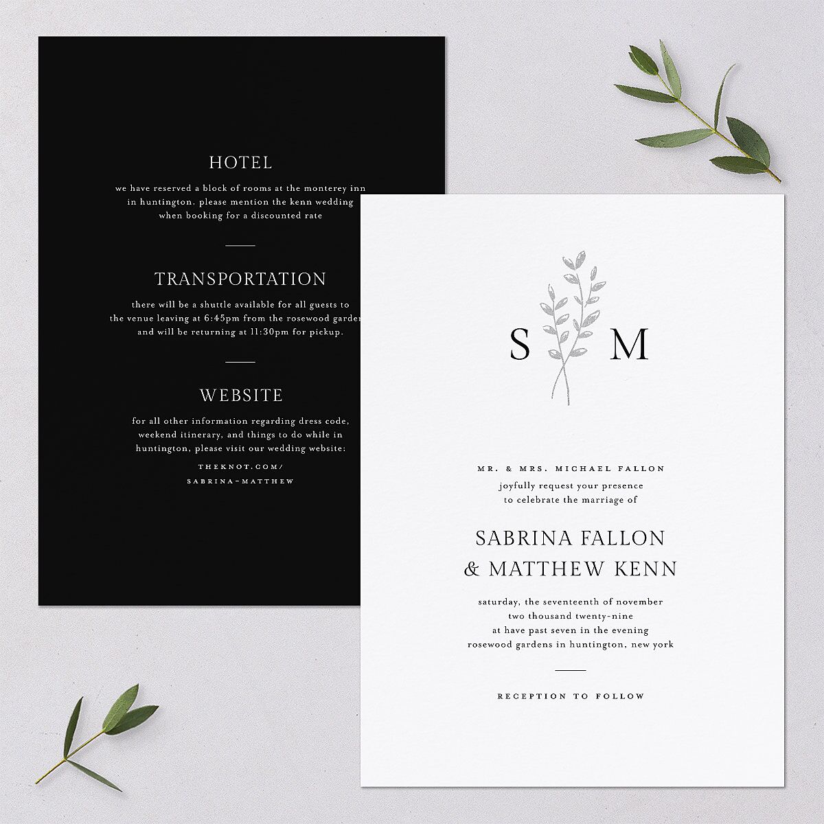 Elegant Botanical Initials Foil Wedding Invitations Pure White Silver Signature Blank No Standard