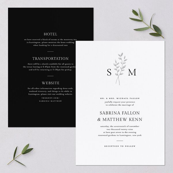 Elegant Botanical Initials Foil Wedding Invitations Pure White Silver Signature Blank No Standard