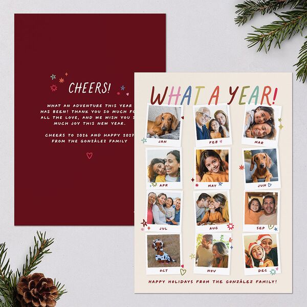 What a Year Whimsical Calendar Photos Holiday Cards Maroon Signature Blank Standard Portrait
