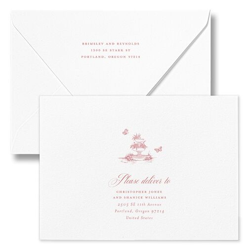 Elegant Antique Toile Frame Wedding Invitation Euro Envelopes by Bridgerton White Dahlia Both Recipient and Return Addresses Luxe Signature