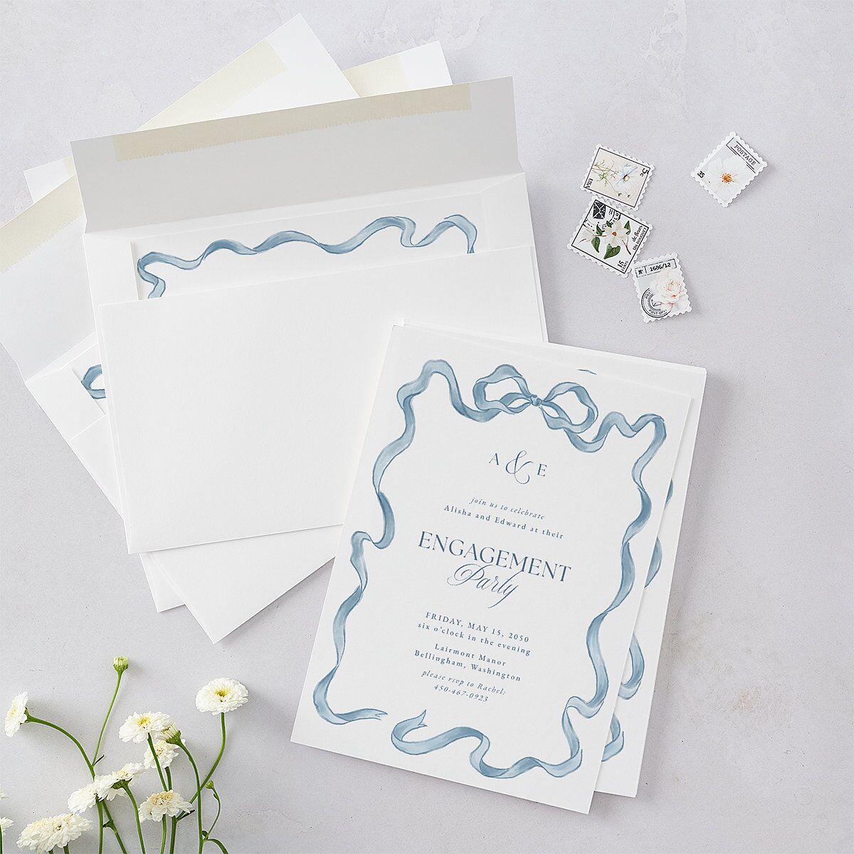 Vintage Bow Engagement Party Invitations Regency Blue Signature Blank Standard