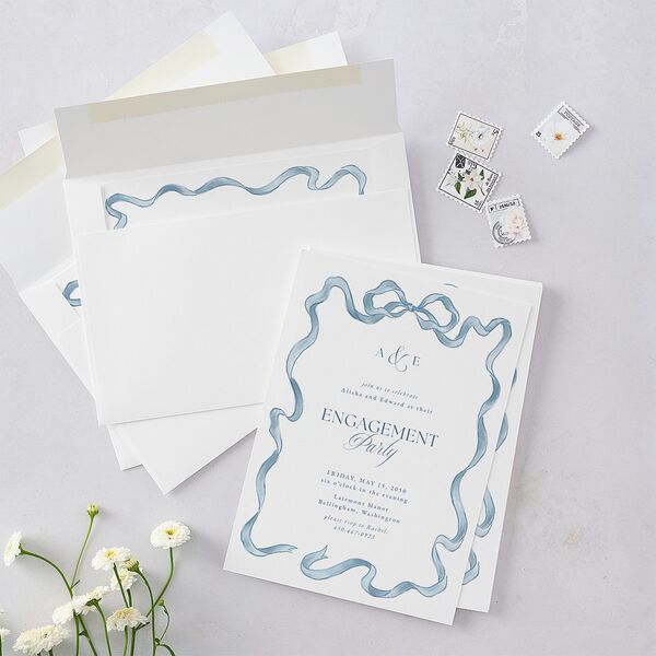 Vintage Bow Engagement Party Invitations Regency Blue Signature Blank Standard
