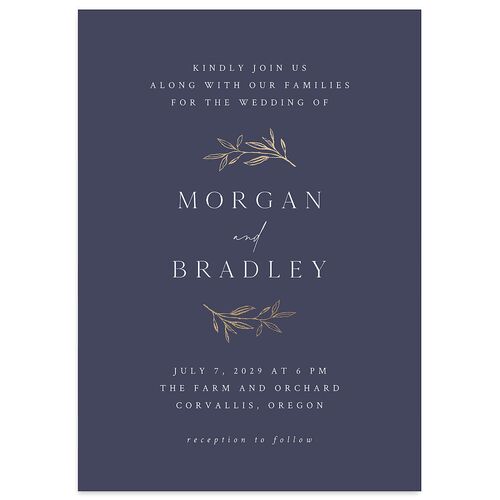 Botanical Accent Foil Wedding Invitations Ink Blue Gold Signature Blank Standard No