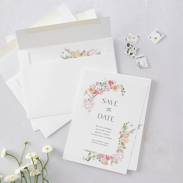 Pastel Flower Arch Foil Save the Date Cards Gold Pink Cotton Signature smooth Blank No Standard