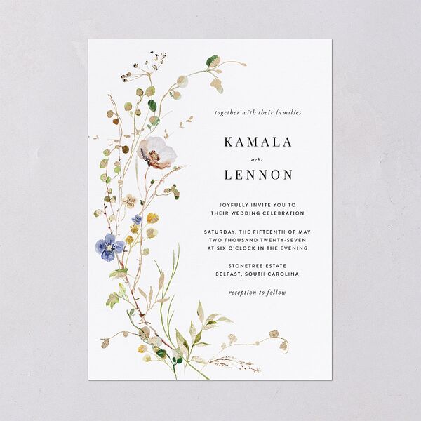 Glistening Wildflower Foil Wedding Invitations Gold Pure White Signature Blank No Standard