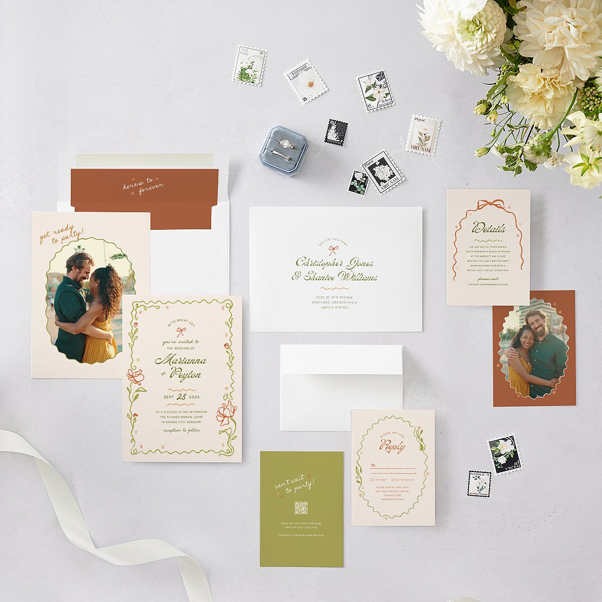 Whimsical Drawn Flowers Wedding Invitations Thyme Signature Blank No Standard