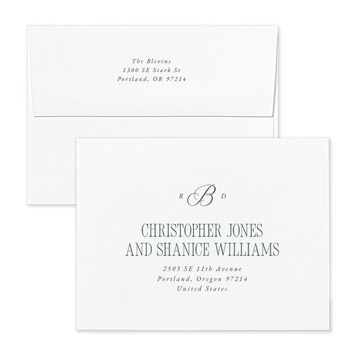 Classic Monogram First Christmas Thank You Card Envelopes White Dark Emerald Both Recipient and Return Addresses Signature Standard