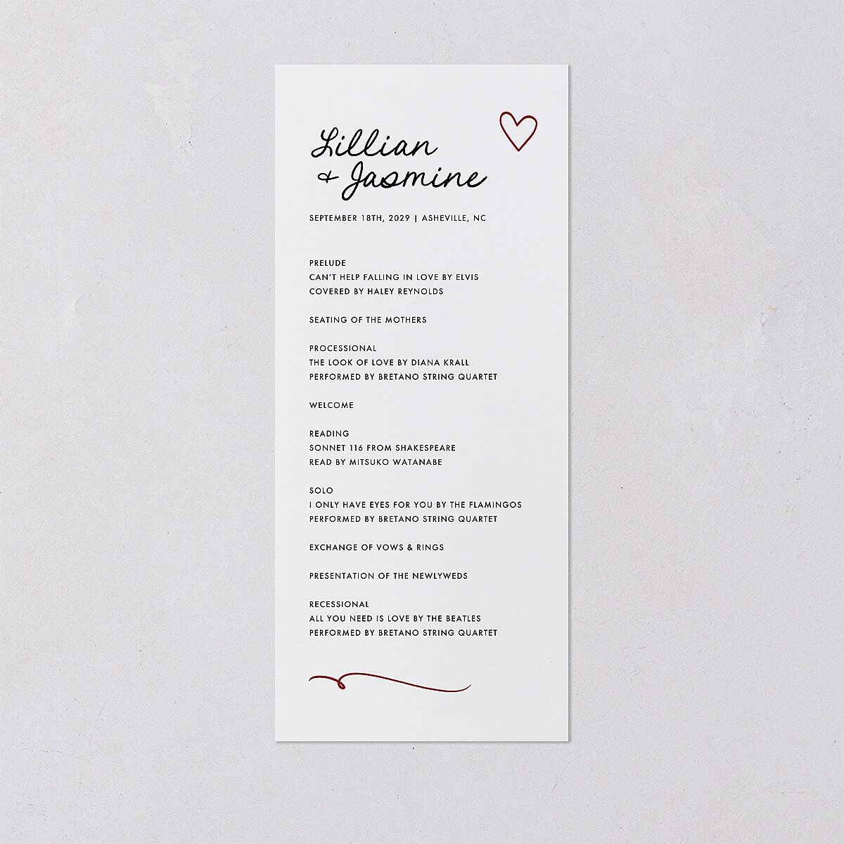 Hand Drawn Heart Photo Wedding Programs Maroon Signature
