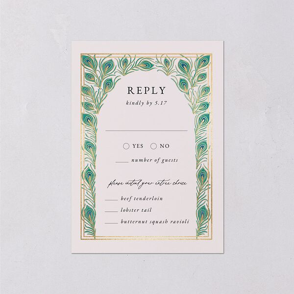 Peacock Nouveau Wedding Response Cards Gold Linen Signature
