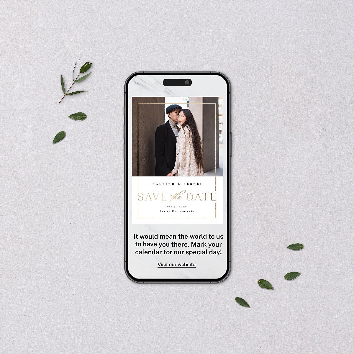Elegant Frame Digital Save the Date Cards Gold Pure White Dusty Blue Lets Celebrate Standard