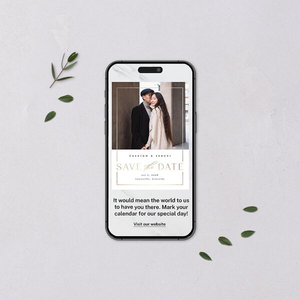 Elegant Frame Digital Save the Date Cards Gold Pure White Dusty Blue Lets Celebrate Standard