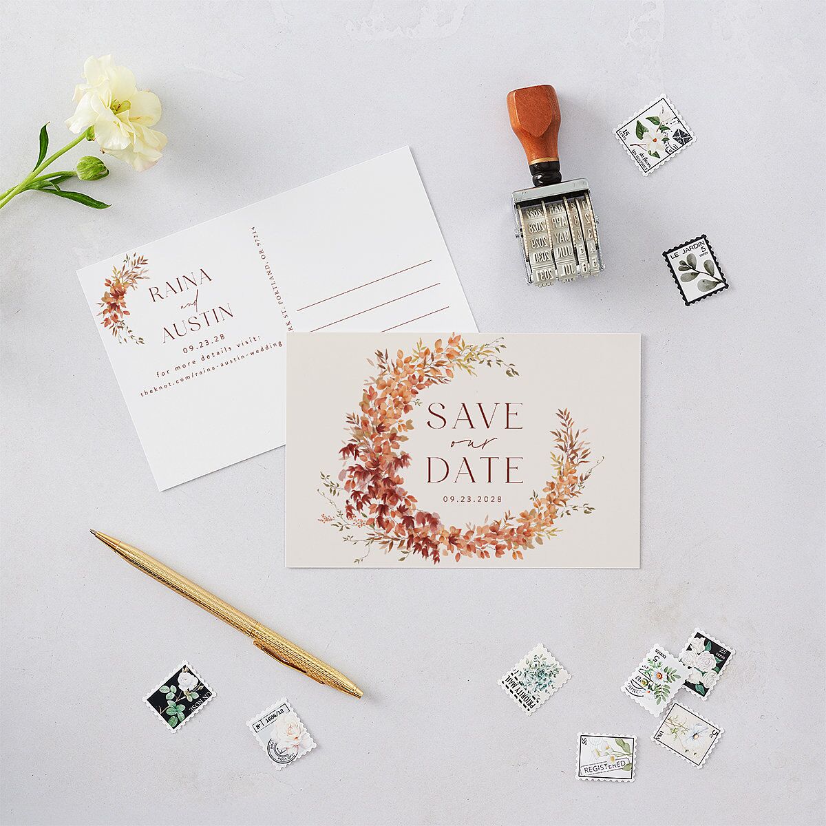 Harvest Crescent Save The Date Postcards Champagne