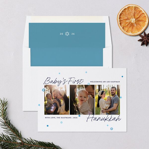 Baby's First Hanukkah Confetti Holiday Cards Pure White Signature Blank Standard Portrait