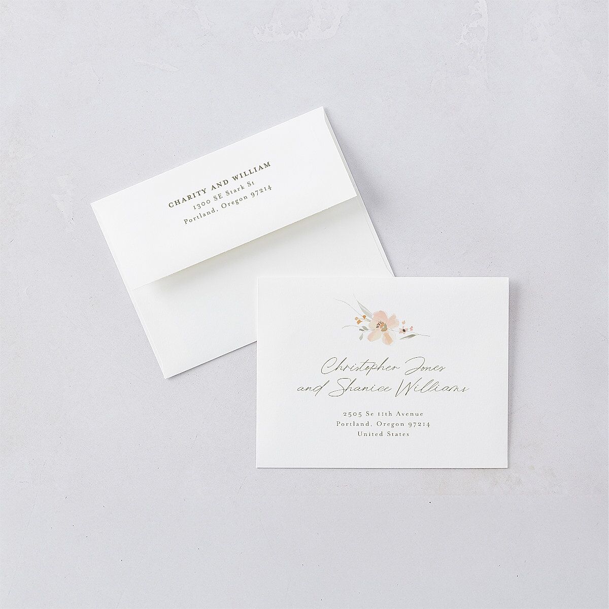 Floral Photo Save the Date Magnet Envelopes Blush White Both Recipient and Return Addresses Signature Standard