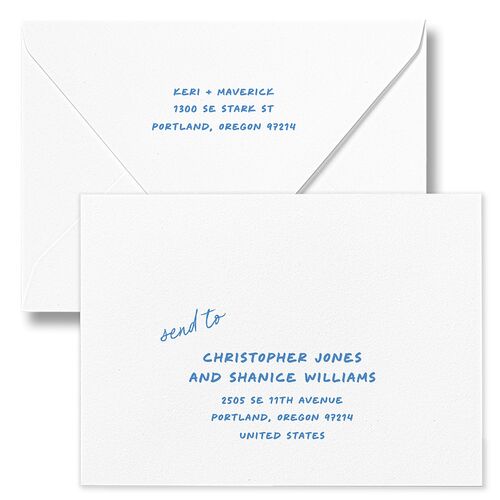 Modern Writing Save The Date Card Euro Envelopes White Sea Blue Both Recipient and Return Addresses Luxe Signature