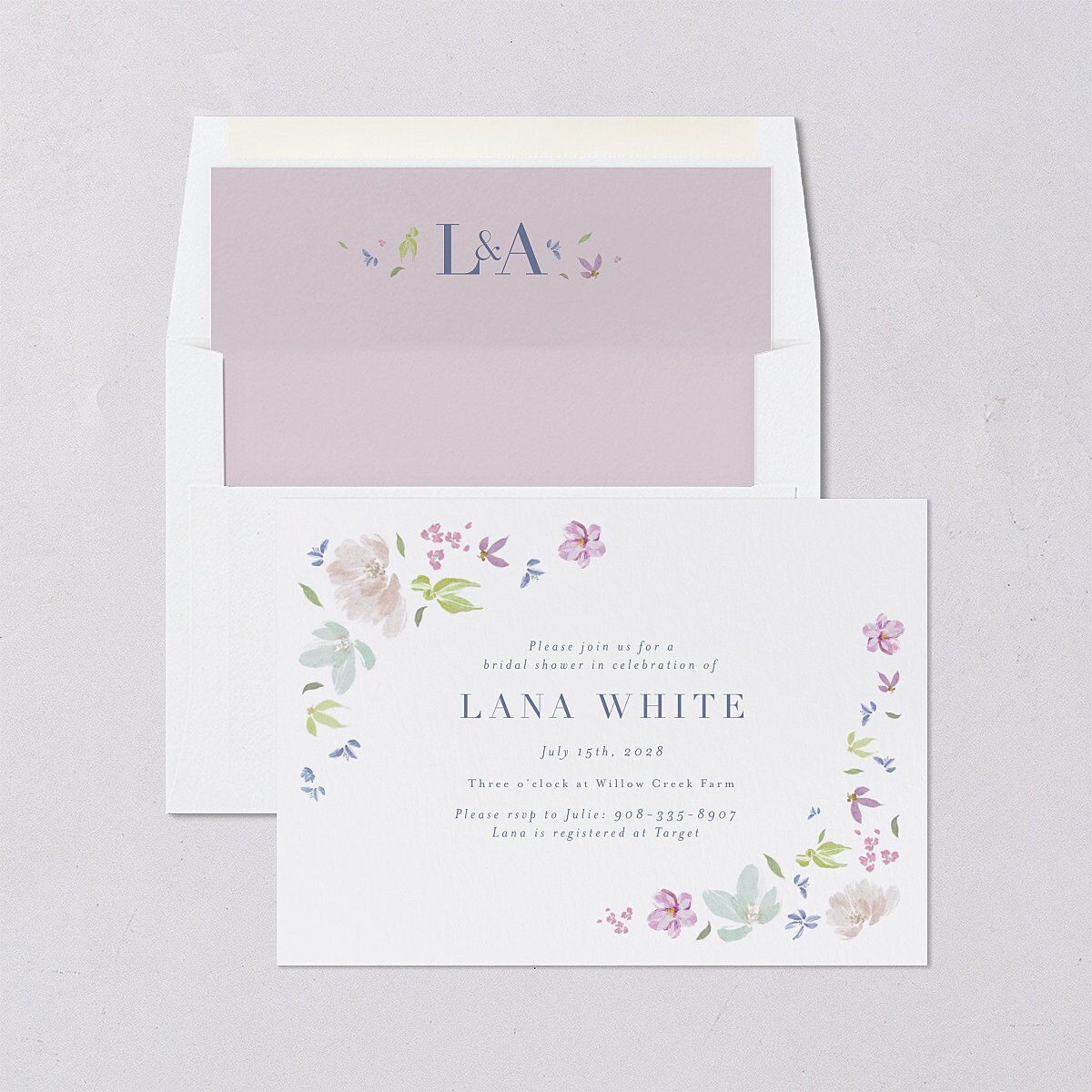 Floral Appliqué Bridal Shower Invitations Sheer Lilac Signature Blank