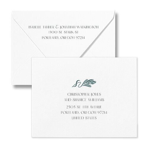 Elegant Nouveau Thank You Card Euro Envelopes White Dark Emerald Both Recipient and Return Addresses Luxe Signature