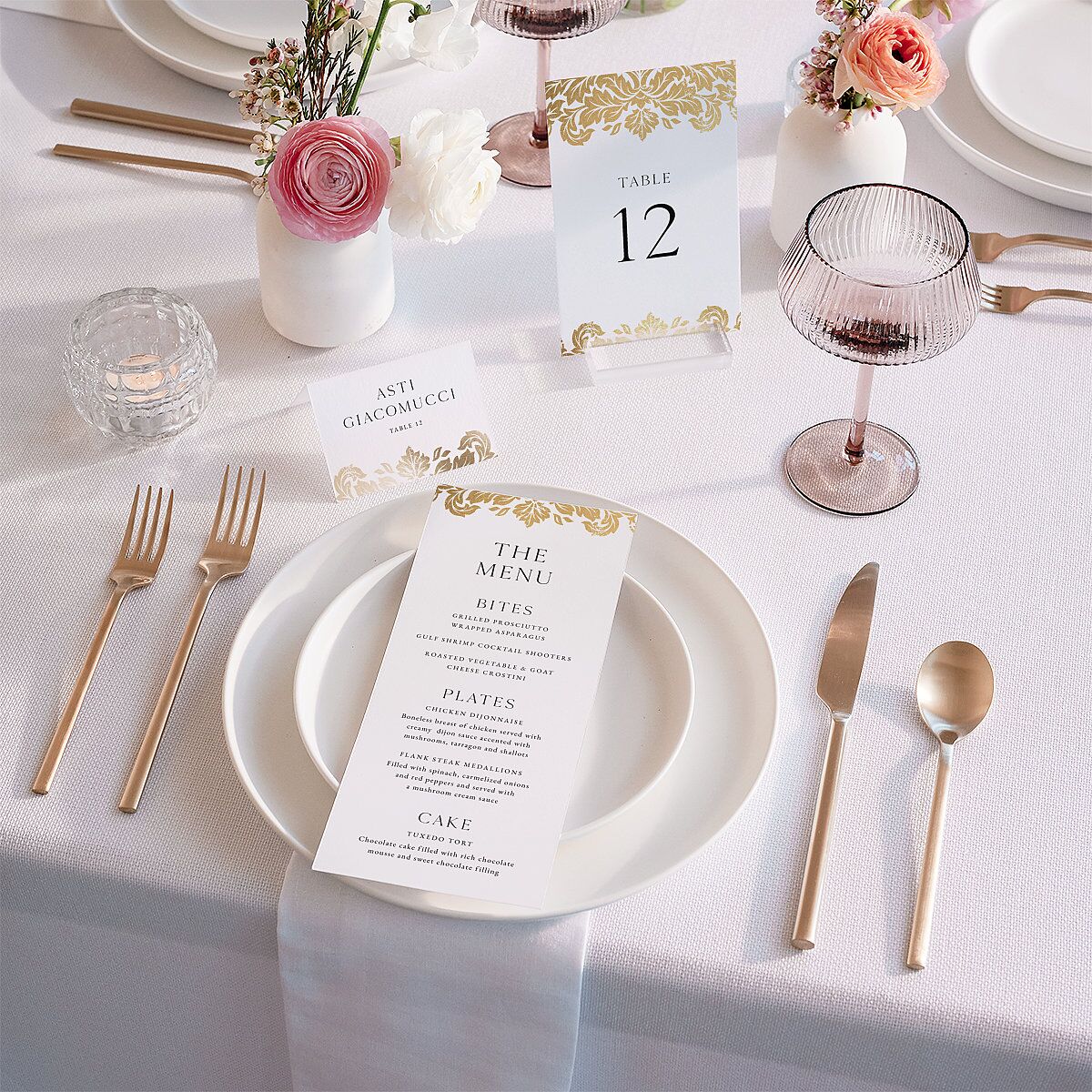 Elegant Damask Place Cards Gold Pure White Signature