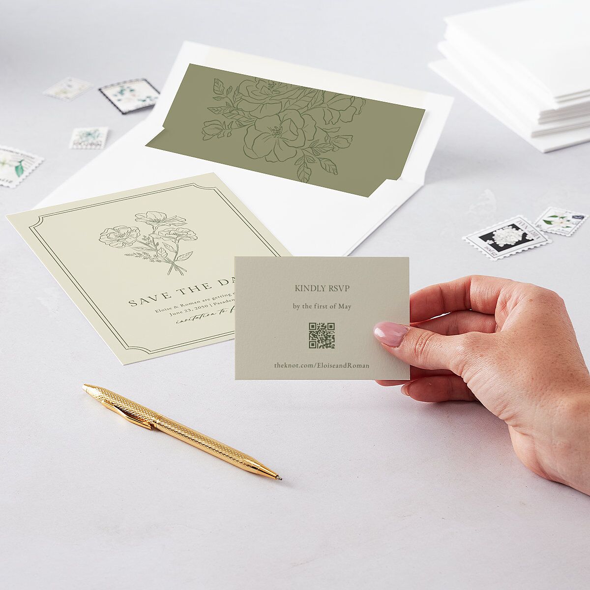 Vintage Botanical Sketch QR Code RSVP Cards Dark Camo Signature Standard
