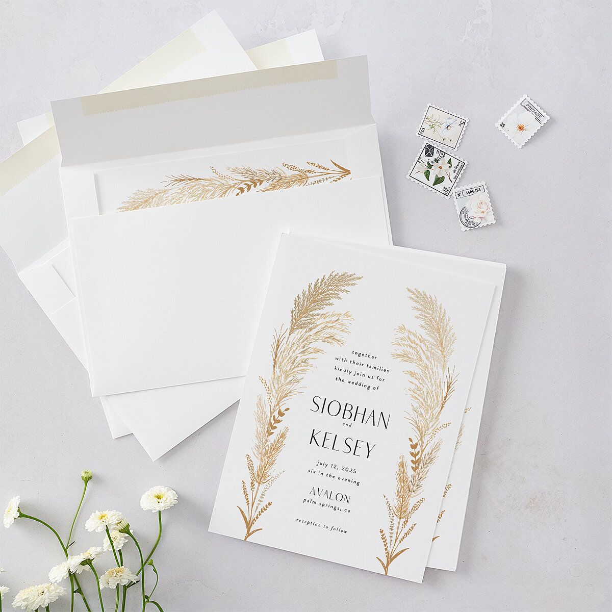 Regal Pampas Wedding Invitations Gold Pure White Signature Blank No Standard