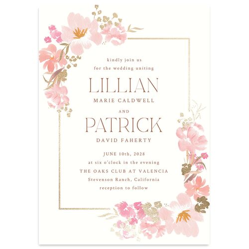 Blooming Frame Wedding Invitations Gold Pink Cotton Signature Blank No Standard