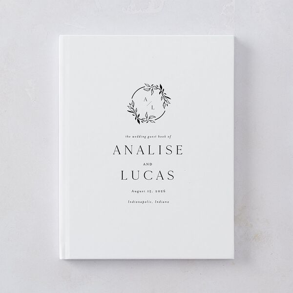 Monogram Leaves Wedding Guest Book Charcoal
