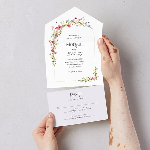 Wildflower Arch All-in-One Wedding Invitations Pure White Signature Light Both Recipient and Return Addresses No