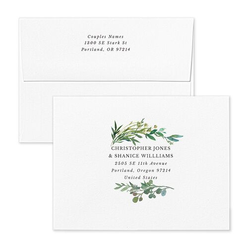 Leafy Hoops Save the Date Petite Card Envelopes Silver Shimmer Standard Eucalyptus Both Recipient and Return Addresses Signature