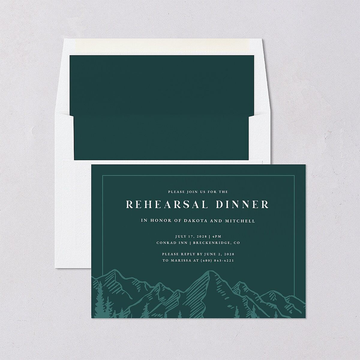 Mountain Escape Rehearsal Dinner Invitations Dark Emerald Signature Blank