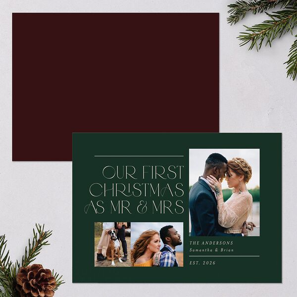 Mr. & Mrs. Holiday Cards Dark Green Signature Blank Standard Landscape