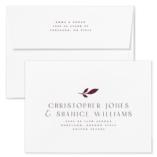 Gilded Leaves Wedding Invitation Envelopes White Merlot Both Recipient and Return Addresses Standard Signature