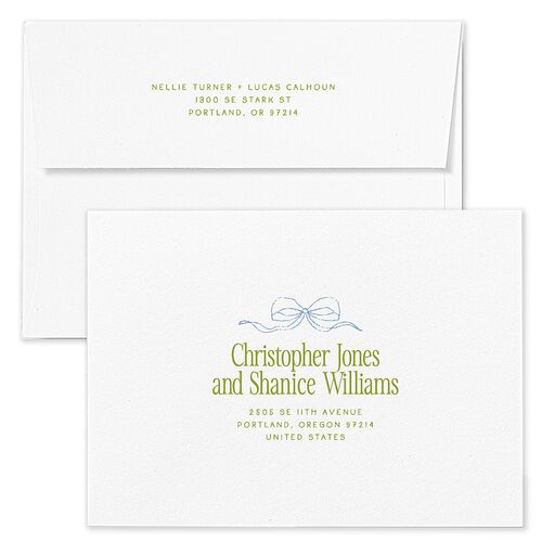 Modern Delicate Bows Wedding Invitation Envelopes Peridot White Return Address Standard Signature