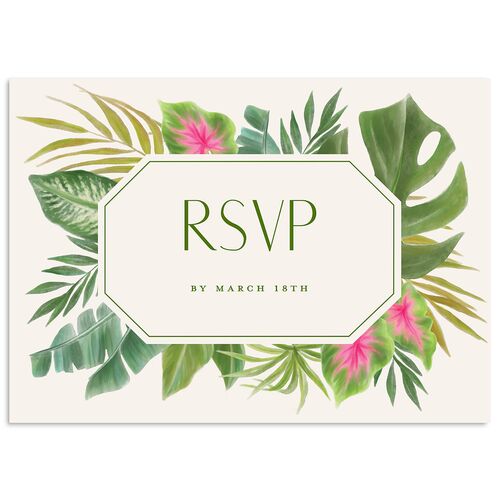 Hawaiian Tropical Monstera Frame Wedding Response Cards Scottish Green Signature Standard