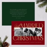 Just Married Christmas Holiday Cards Gold Jewel Red Signature Blank Standard Landscape