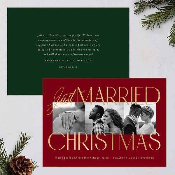 Just Married Christmas Holiday Cards Gold Jewel Red Signature Blank Standard Landscape