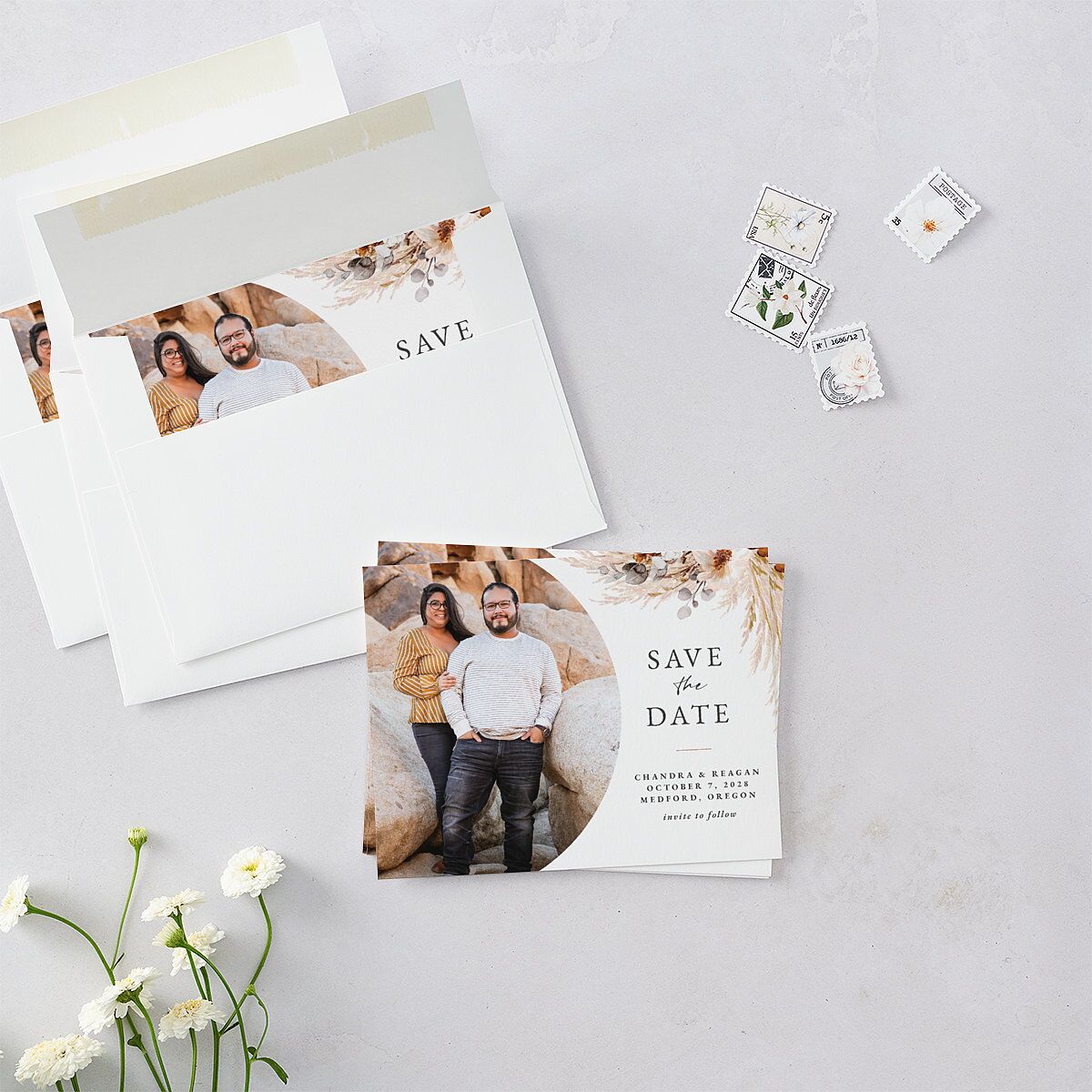 Bohemian Floral Hoop Save the Date Petite Cards Camel Signature smooth Blank No Standard