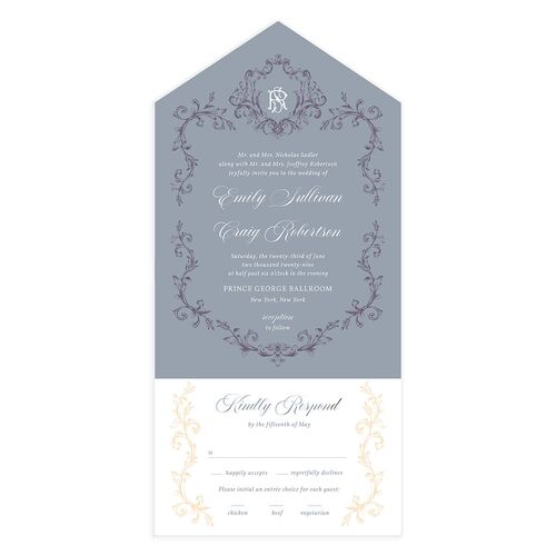 Vintage Regency Monogram Frame Foil All-in-One Wedding Invitations Dusty Blue Signature Light Both Recipient and Return Addresses No