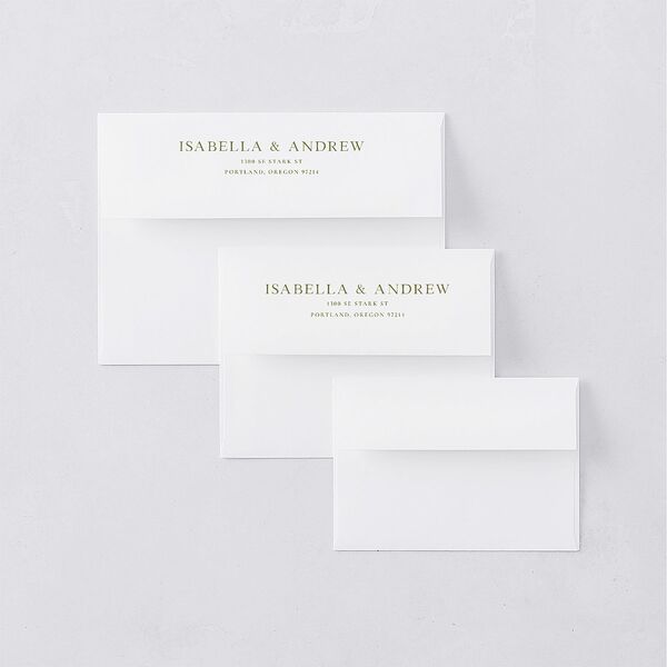Cordillera Rehearsal Dinner Invitation Envelopes White Olive Both Recipient and Return Addresses Signature Standard