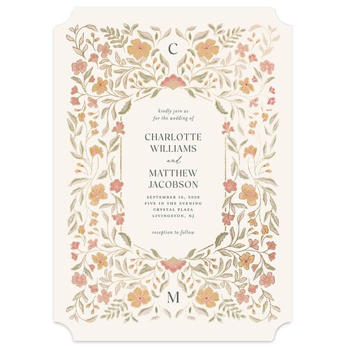 Botanical Textile Foil Wedding Invitations Gold Ivory Signature Blank No Ticket
