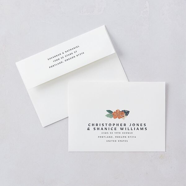 Vintage Hawaiian Island Wedding Invitation Envelopes White Rose Gold Both Recipient and Return Addresses Standard Signature