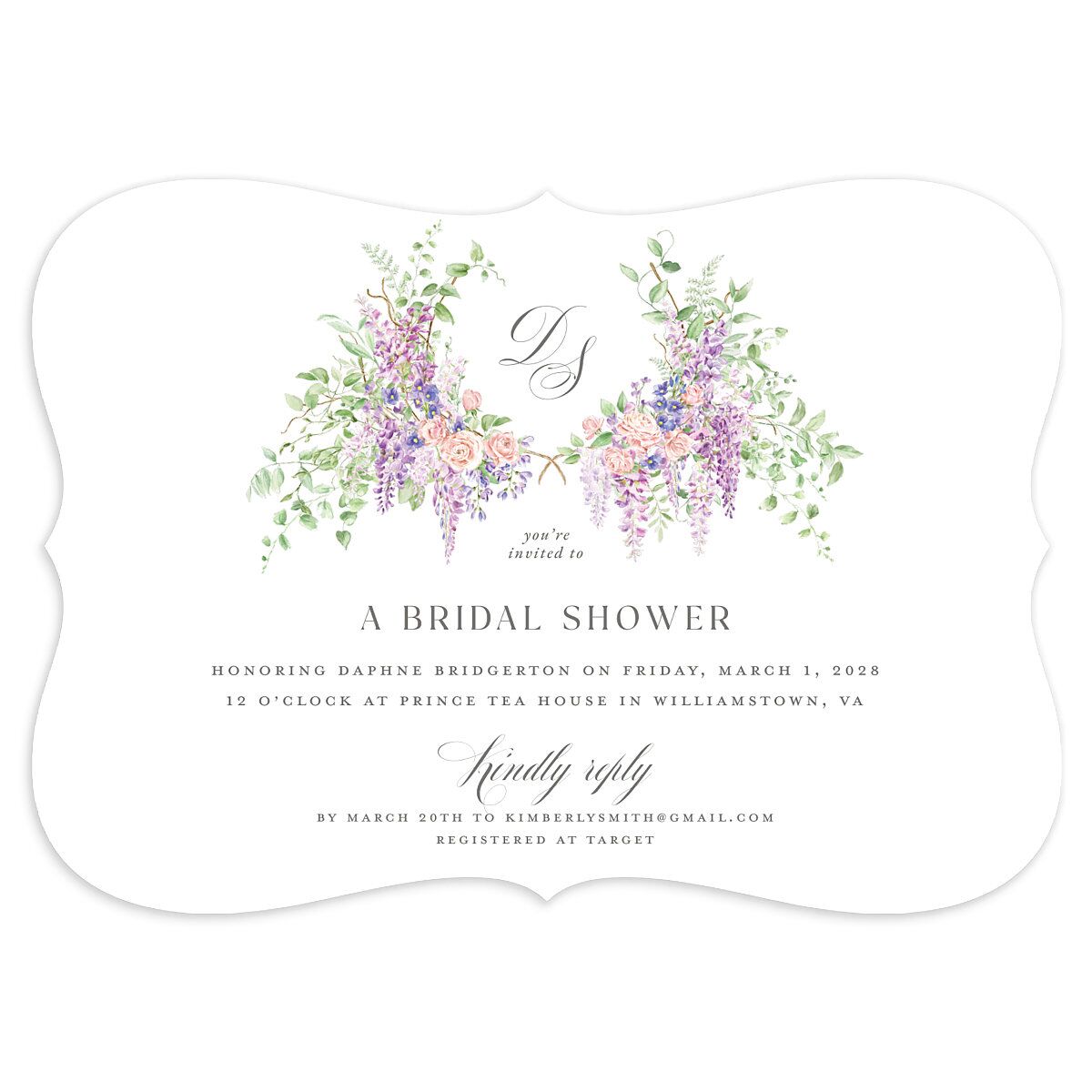 Formal Wisteria Garden Crest Bridal Shower Invitations by Bridgerton