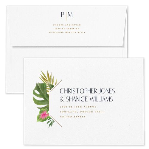 Hawaiian Tropical Monstera Frame Wedding Invitation Envelopes Terracotta Moody Blue Return Address Standard Signature