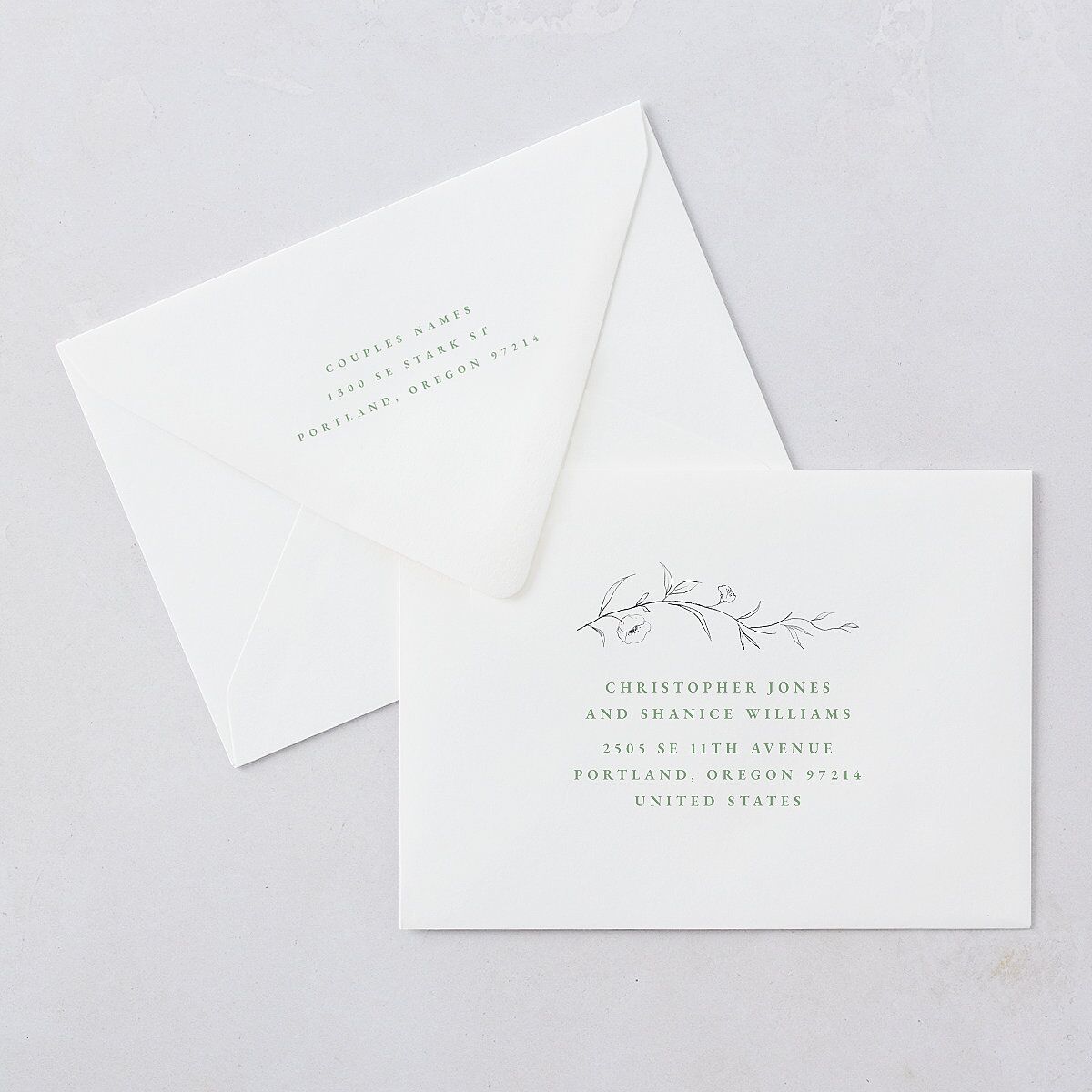 Graceful Botanical Wedding Invitation Euro Envelopes White Luxe Sea Foam Both Recipient and Return Addresses Signature