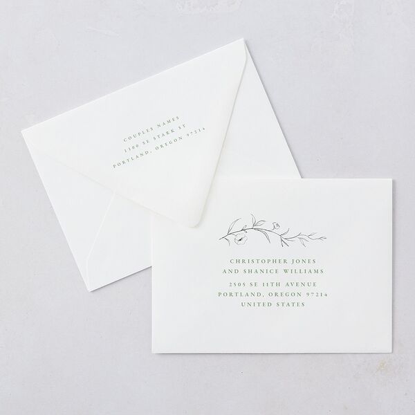 Graceful Botanical Wedding Invitation Euro Envelopes White Luxe Sea Foam Both Recipient and Return Addresses Signature