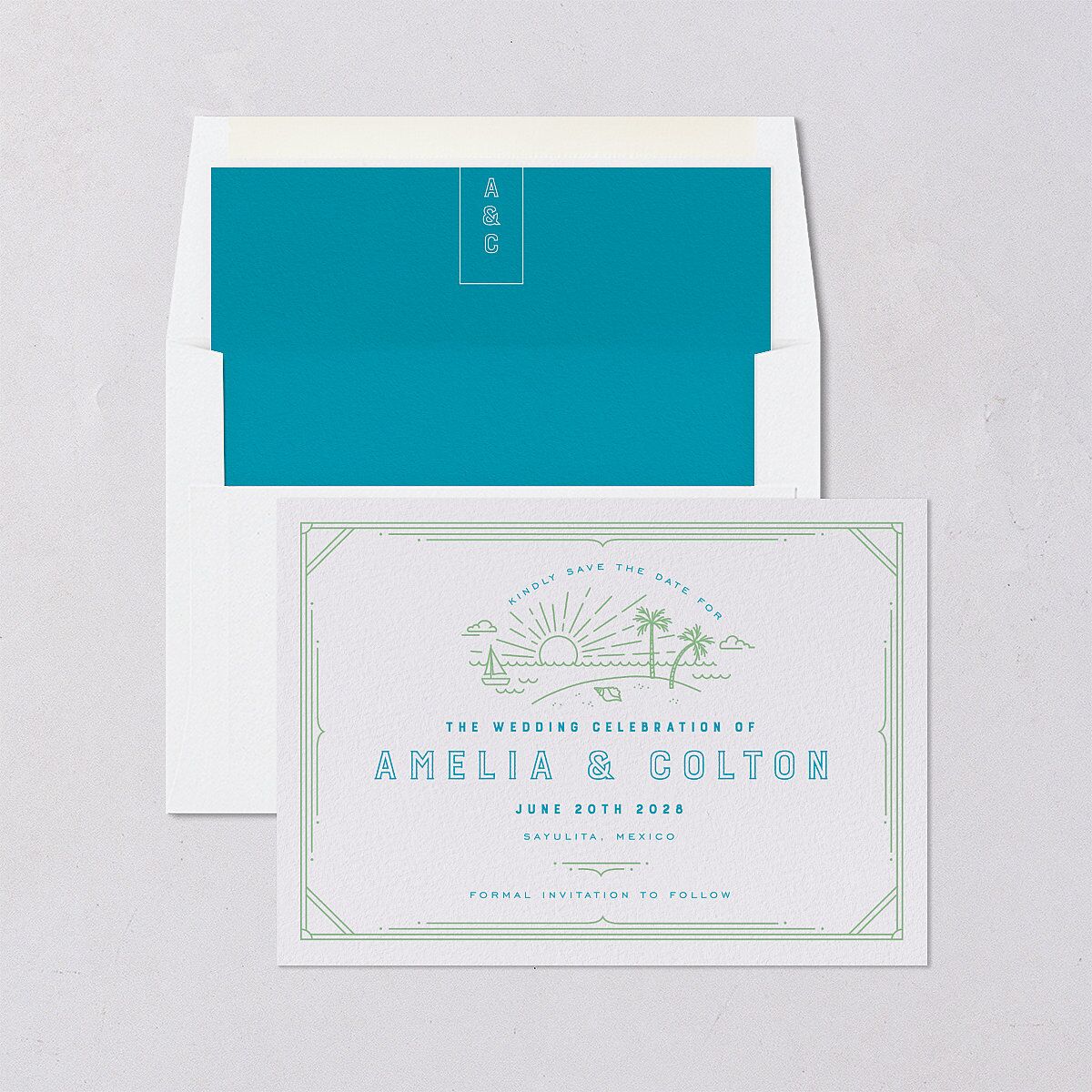 Iconic Beach Save the Date Cards Green Apple Signature smooth Blank No Standard