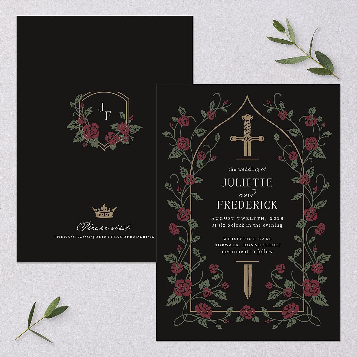 Sword and Roses Fantasy Garden Wedding Invitations Charcoal Signature Blank No Standard