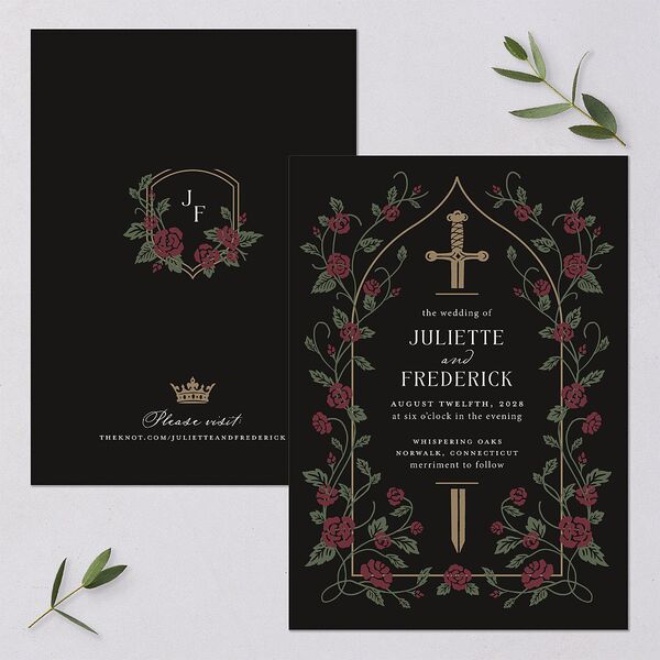 Sword and Roses Fantasy Garden Wedding Invitations Charcoal Signature Blank No Standard