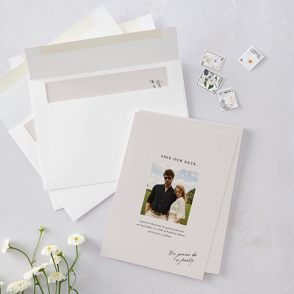 Elegant Editorial Page Save the Date Cards Champagne Signature smooth Blank No Standard