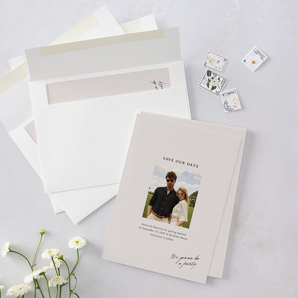 Elegant Editorial Page Save the Date Cards Champagne Signature smooth Blank No Standard