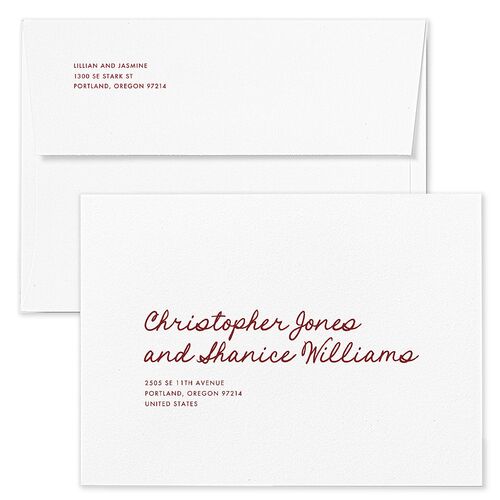 Hand Drawn Heart Photo Wedding Invitation Envelopes Maroon White Both Recipient and Return Addresses Standard Signature